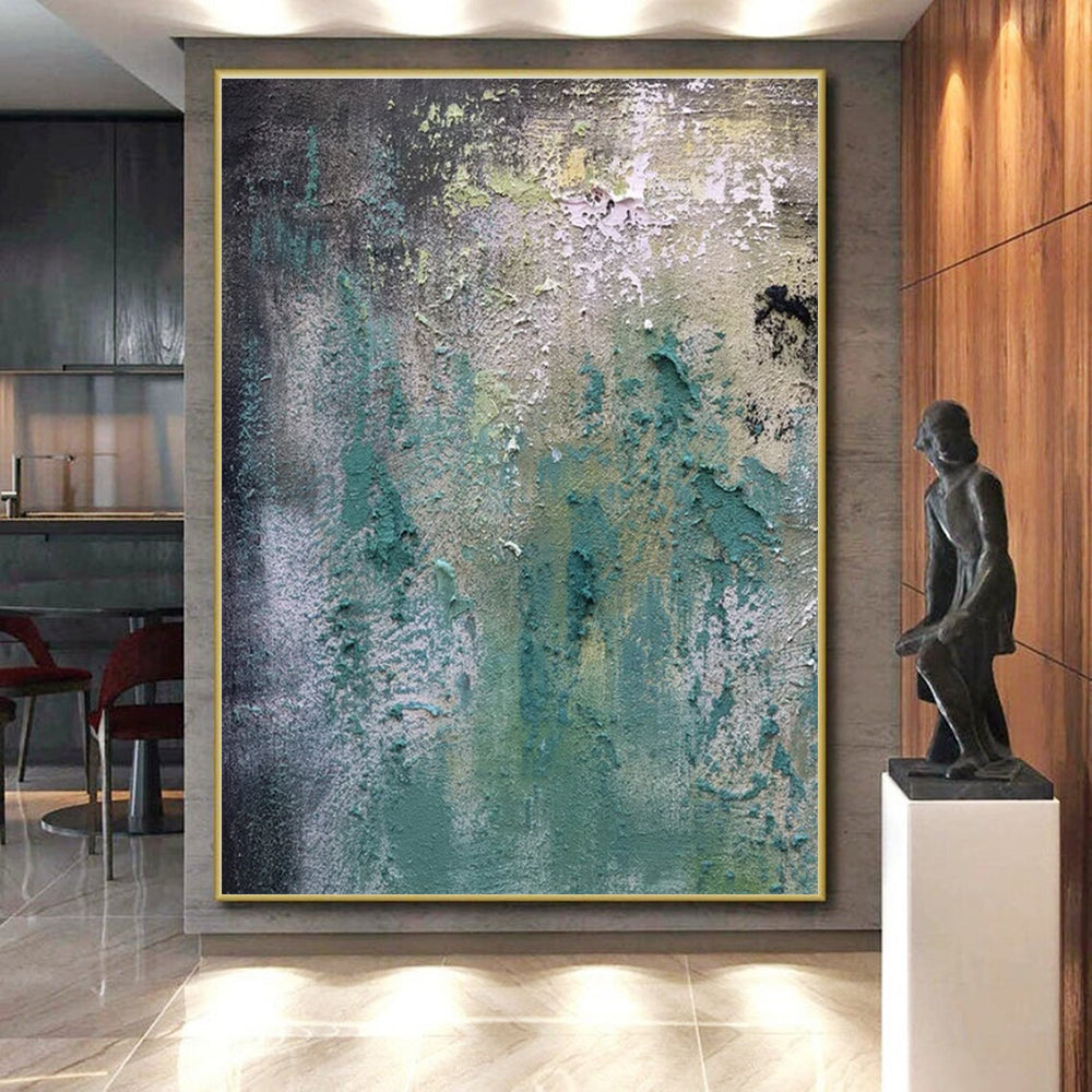 Hand Painted Art Teal, Green, and Gray Textured Abstract Painting On Canvas HS783