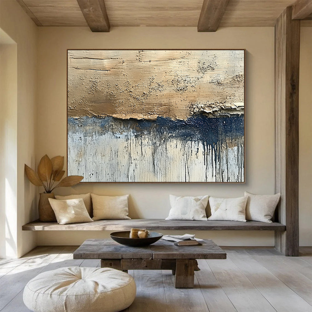 Extra Large Size Beige, Navy, and Gray Textured Abstract Art - Acrylic Painting WB281