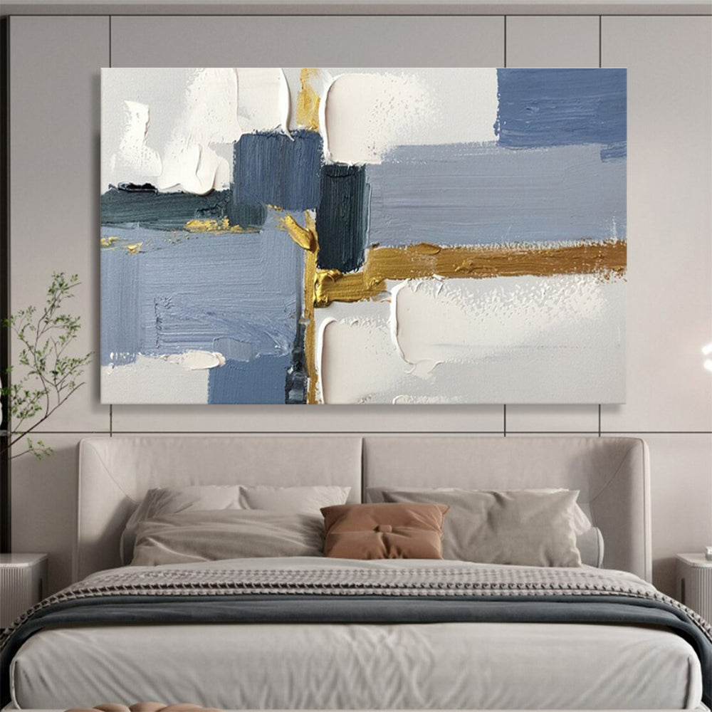 Acrylic Modern Art Paintings: Blue Grey and Gold Geometric Abstract Painting WB354