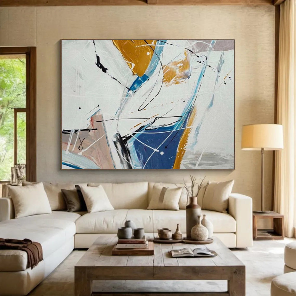 Big Painting Blue, Gold & White Gestural Abstract, Acrylic Modern Art Painting HS219