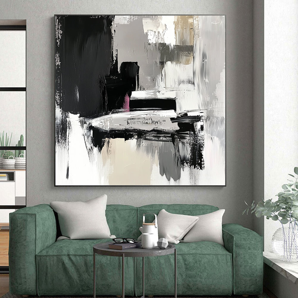 Hand-Painted Black, Gray, White, and Pink Abstract Textured Painting For Sale HS151