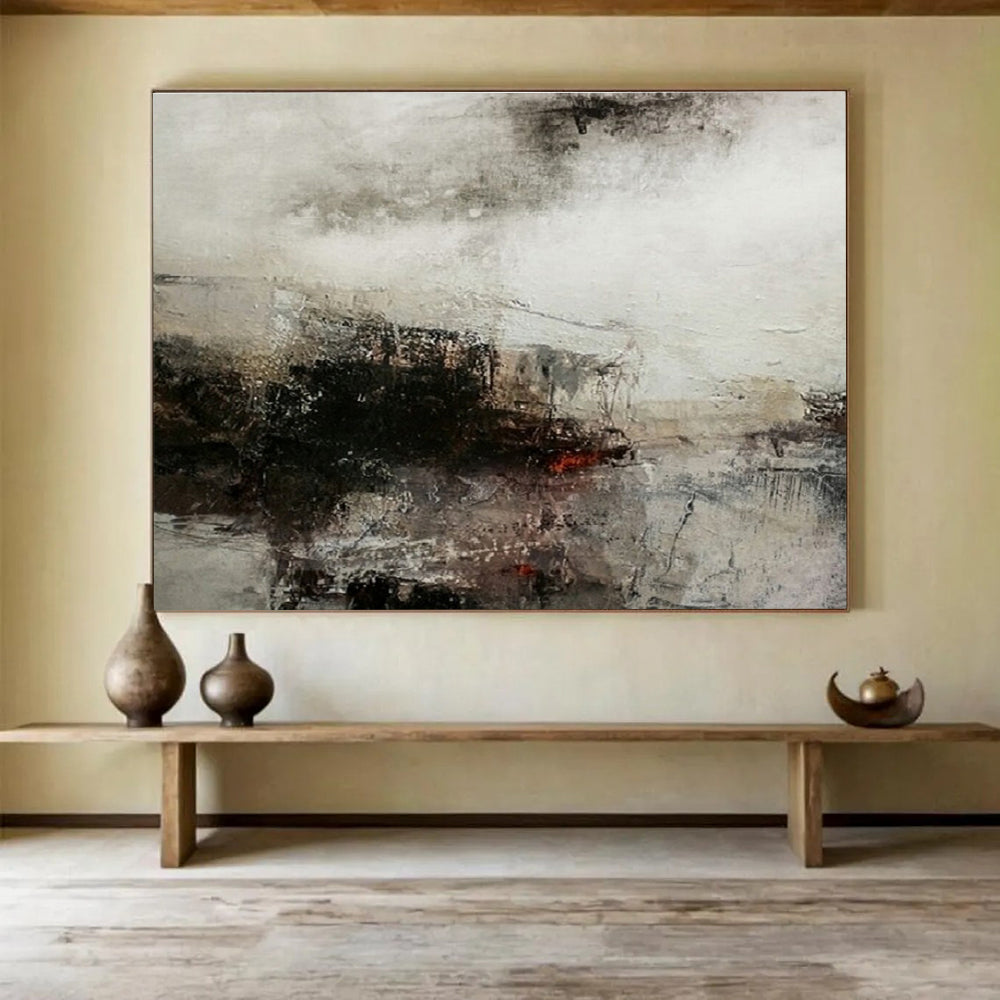 Gray, Black, Beige Abstract Misty Landscape Art For Sale WB391