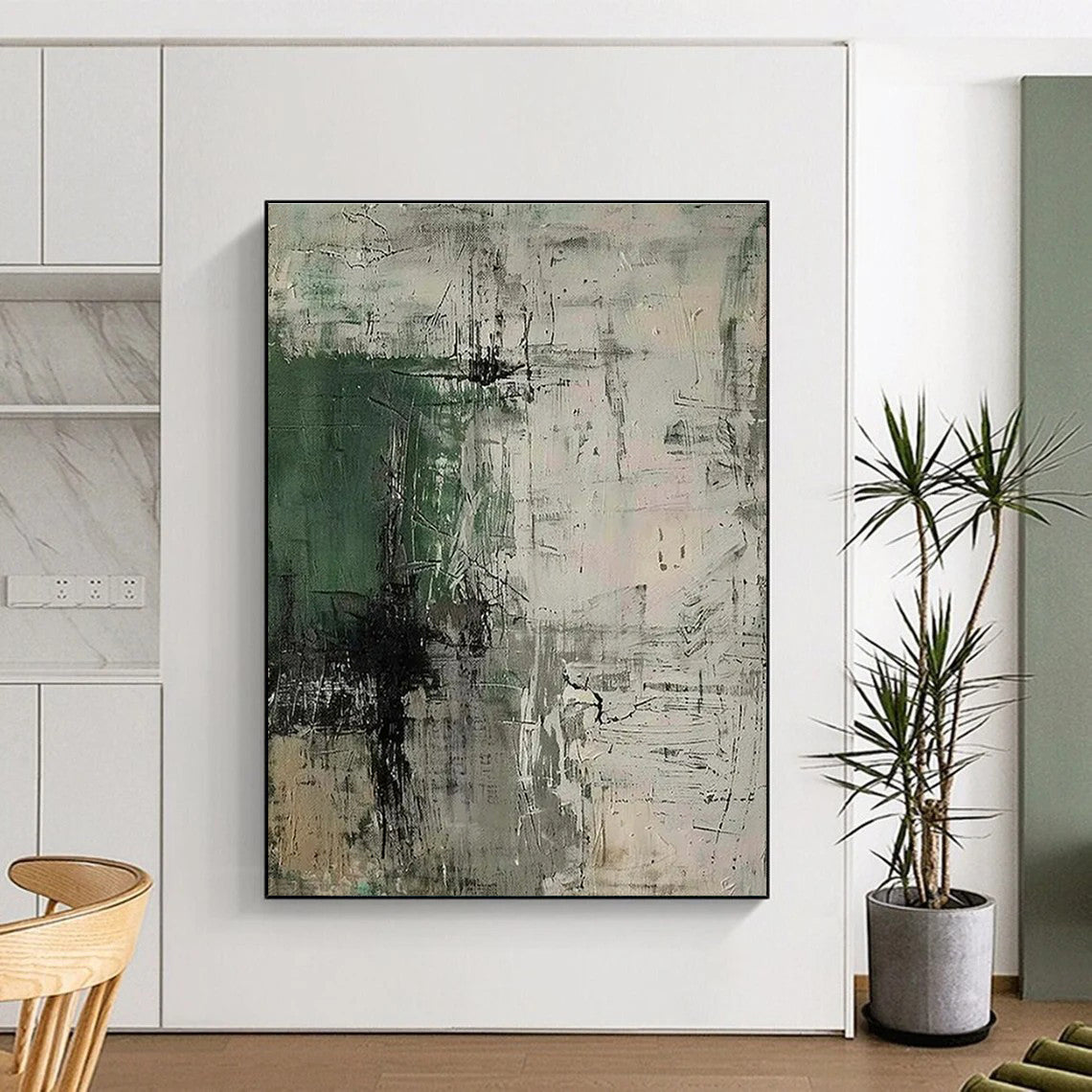 Modern Art Acrylic Green, Gray, and Neutral Textured Abstract Composition HS598