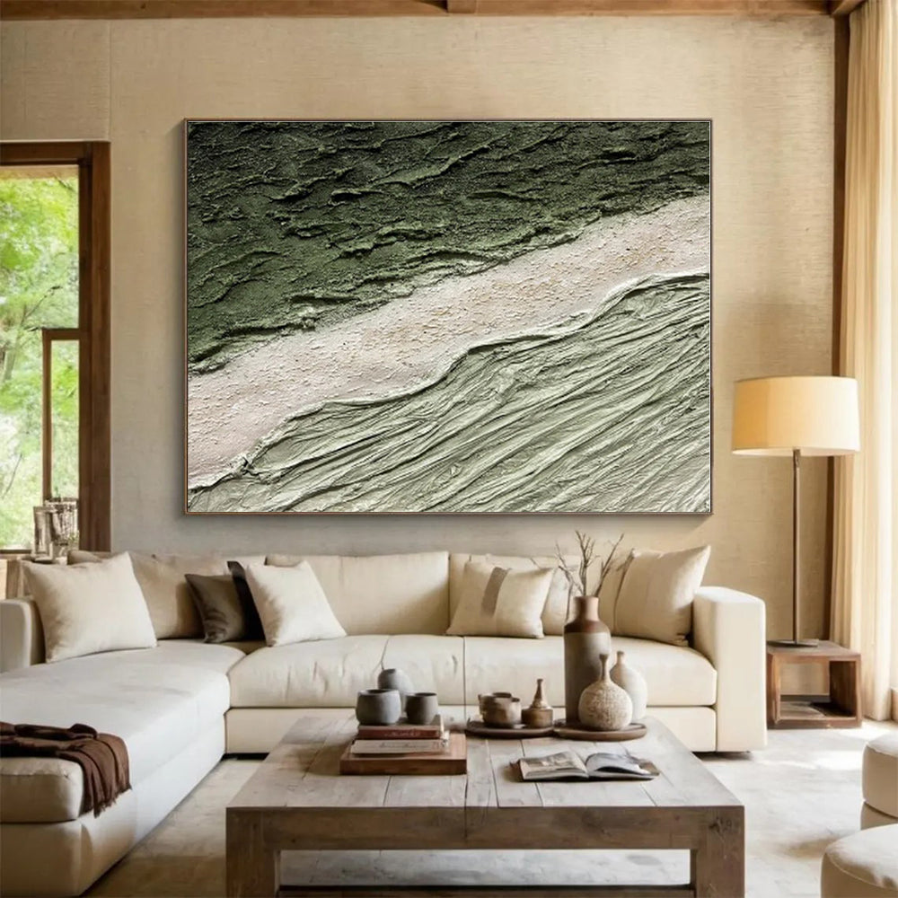 Green, Beige, Gray Textured Abstract Landscape Painting, Abstract Acrylic Art WB001