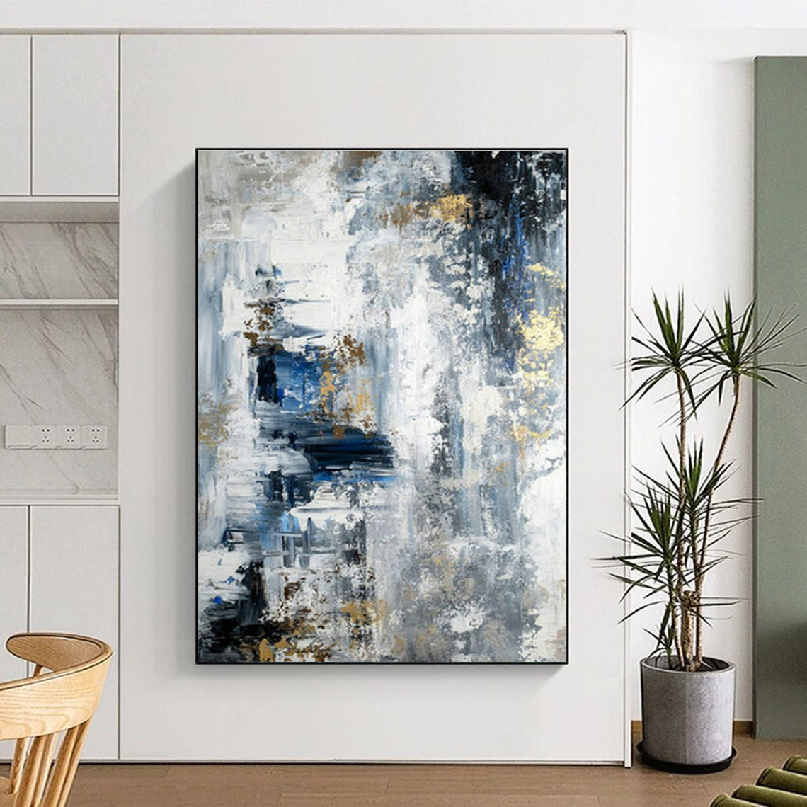 Hand Painted Art Gray, Blue, and Gold Textured Abstract Art HS770