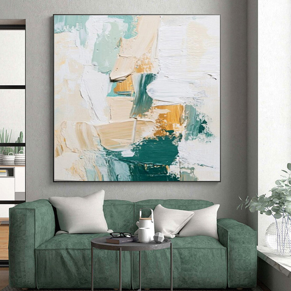 Acrylic Modern Art Paintings Teal, Beige, and Gold Textured Abstract Art HS742