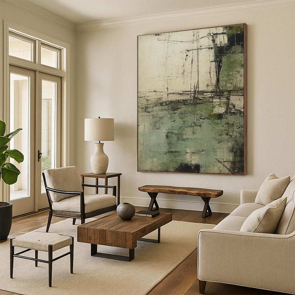 Unique Abstract Art Green & Beige Textured Abstract, Large Contemporary Wall Art HS336