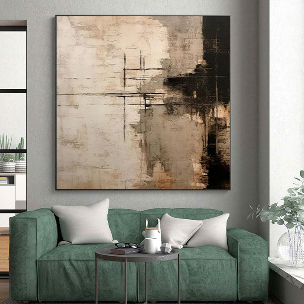 Hand Painted Art Beige & Black Abstract Geometric Composition HS373