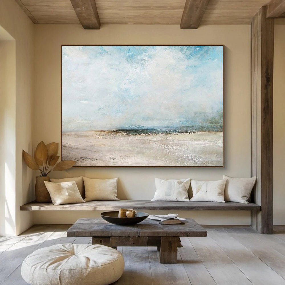 Blue, Beige, Gray Abstract Seaside Landscape Art For Sale WB387