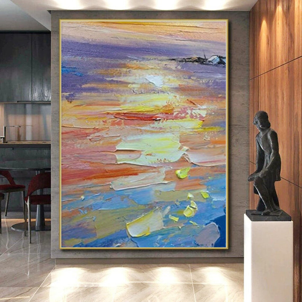 Hand-Painted Multicolor Abstract Impasto Sunset Painting For Sale HS017