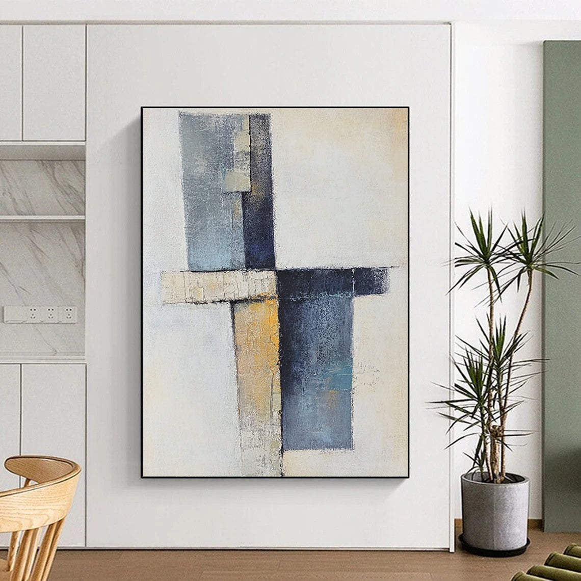 Hand Painted Art Blue, Beige, and Black Abstract Geometric Painting For Sale HS157