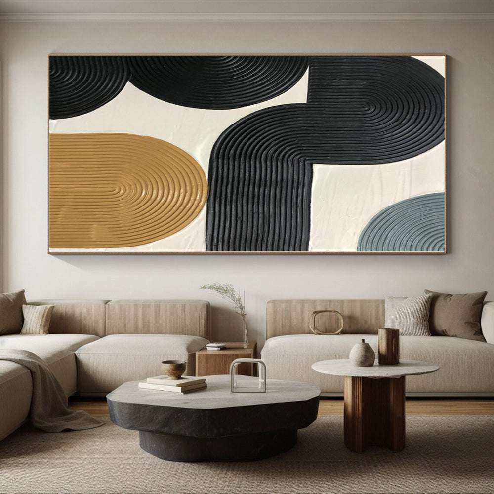 Hand-Painted Black, Beige, and Gray Abstract Curved Line Textured Painting For Sale HS038
