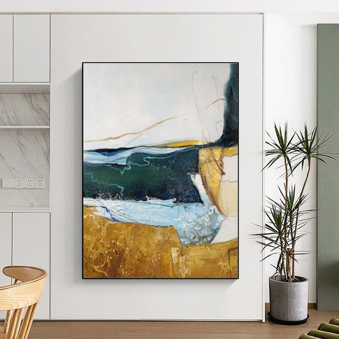 Hand Painted Art Blue, Green, and Gold Dynamic Abstract Painting On Canvas HS811