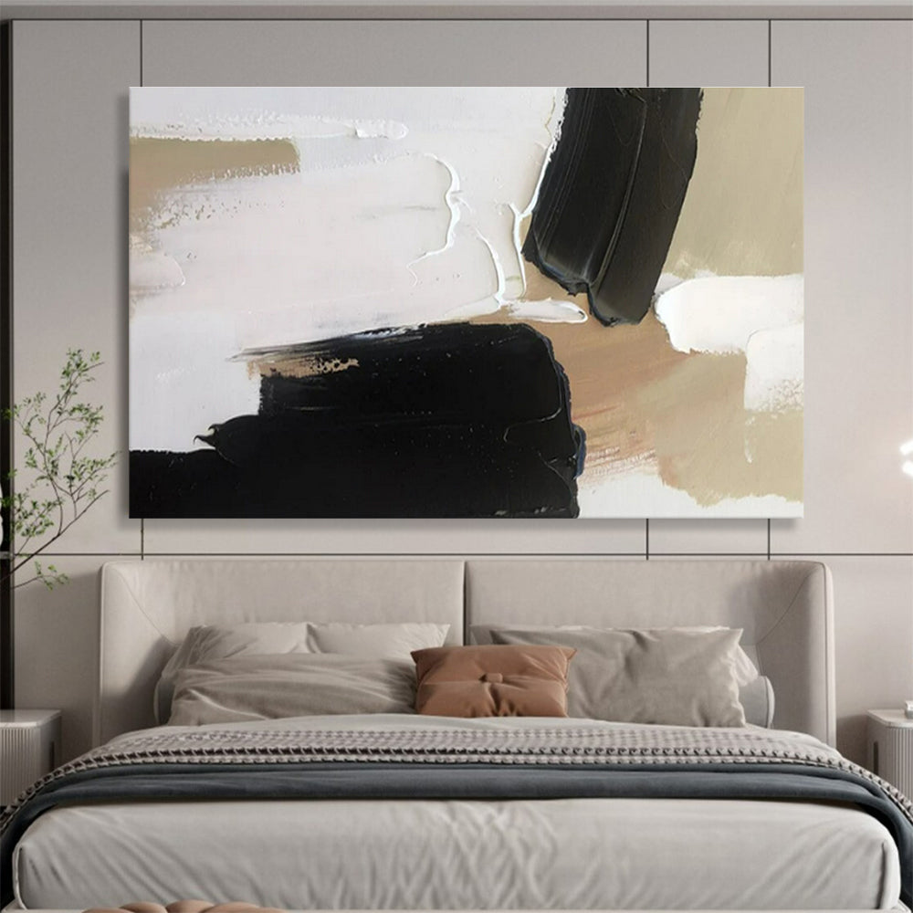 Contemporary Abstract Art: Black White and Beige Minimalist Abstract Painting WB358