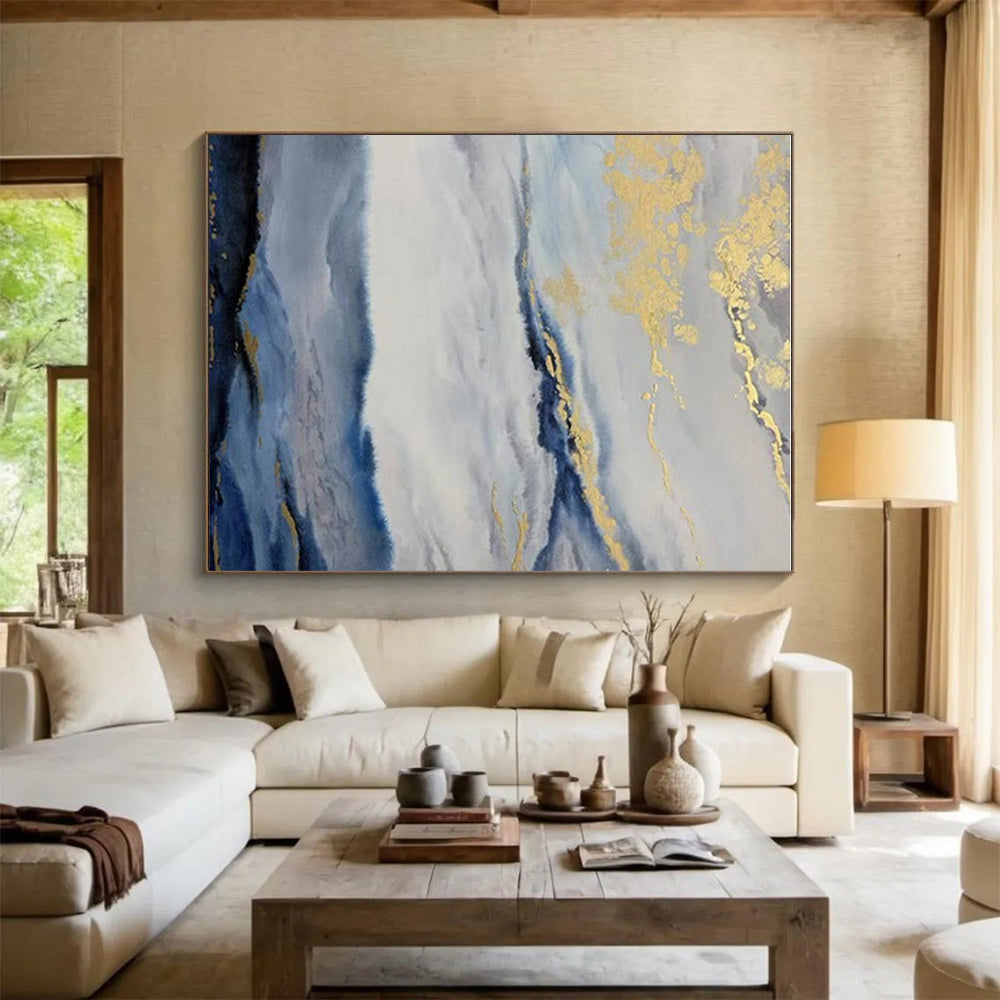 Hand-Painted Oversized Abstract Wall Art with Blue, Gray, Gold - Modern Art Acrylic for Living Room HS509
