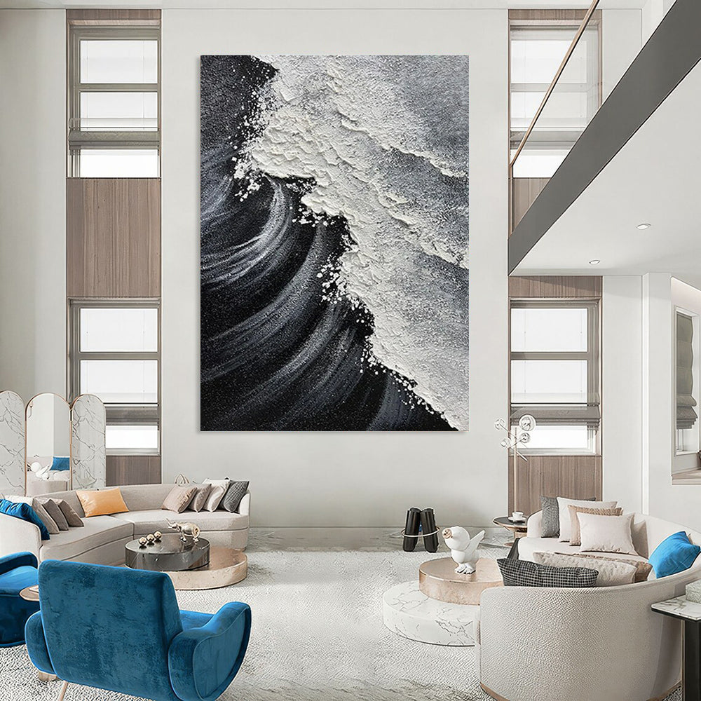 Black and White Textured Wave Abstract Painting For Sale WS506
