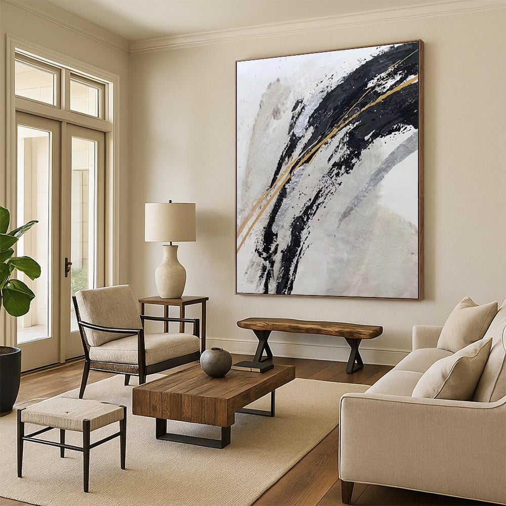 Gaint Canvas Art Black, Gold & Silver Gestural Abstract, Oversized Abstract Wall Art HS245