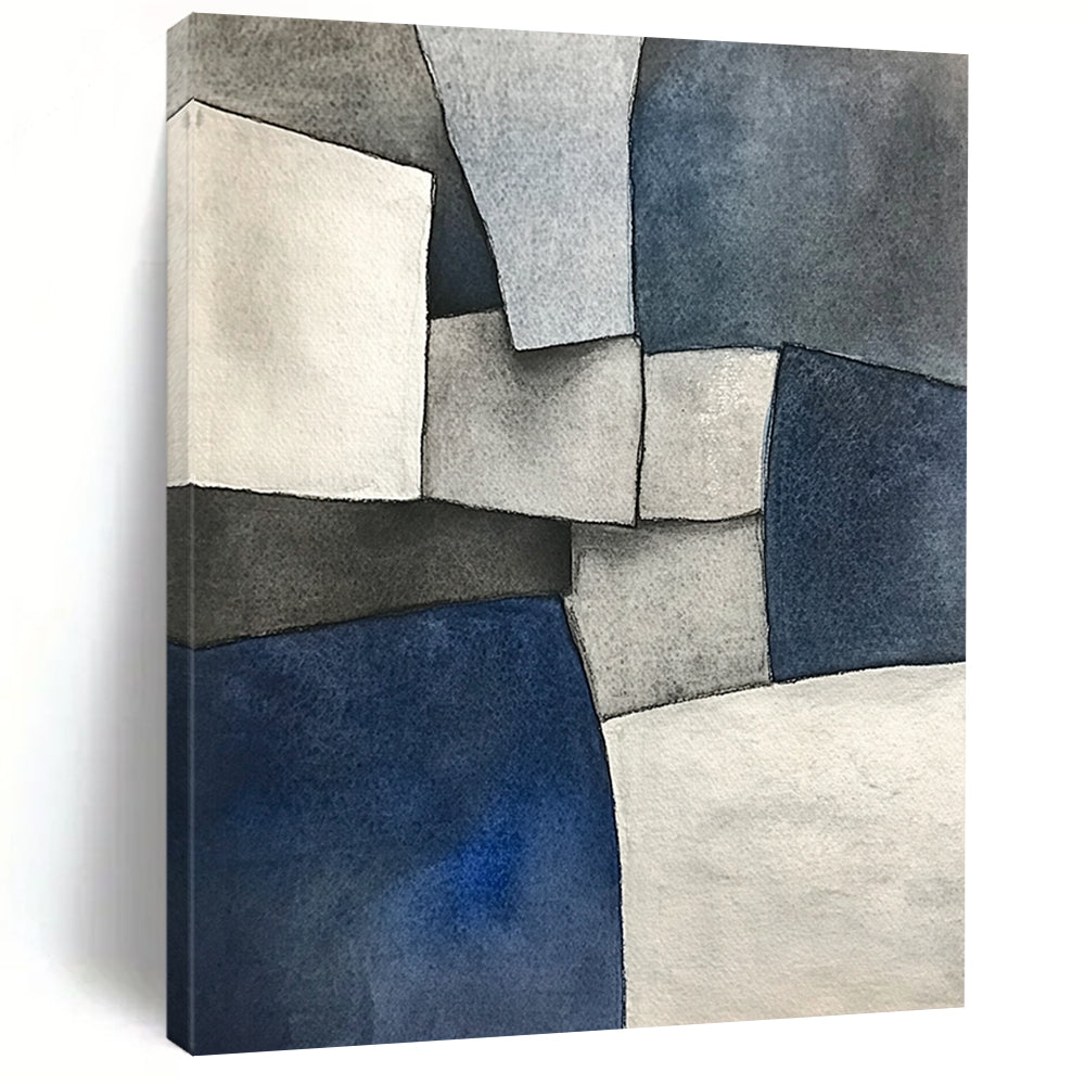 Hand Painted Art Blue, Gray, and White Abstract Shape Painting For Sale HS139