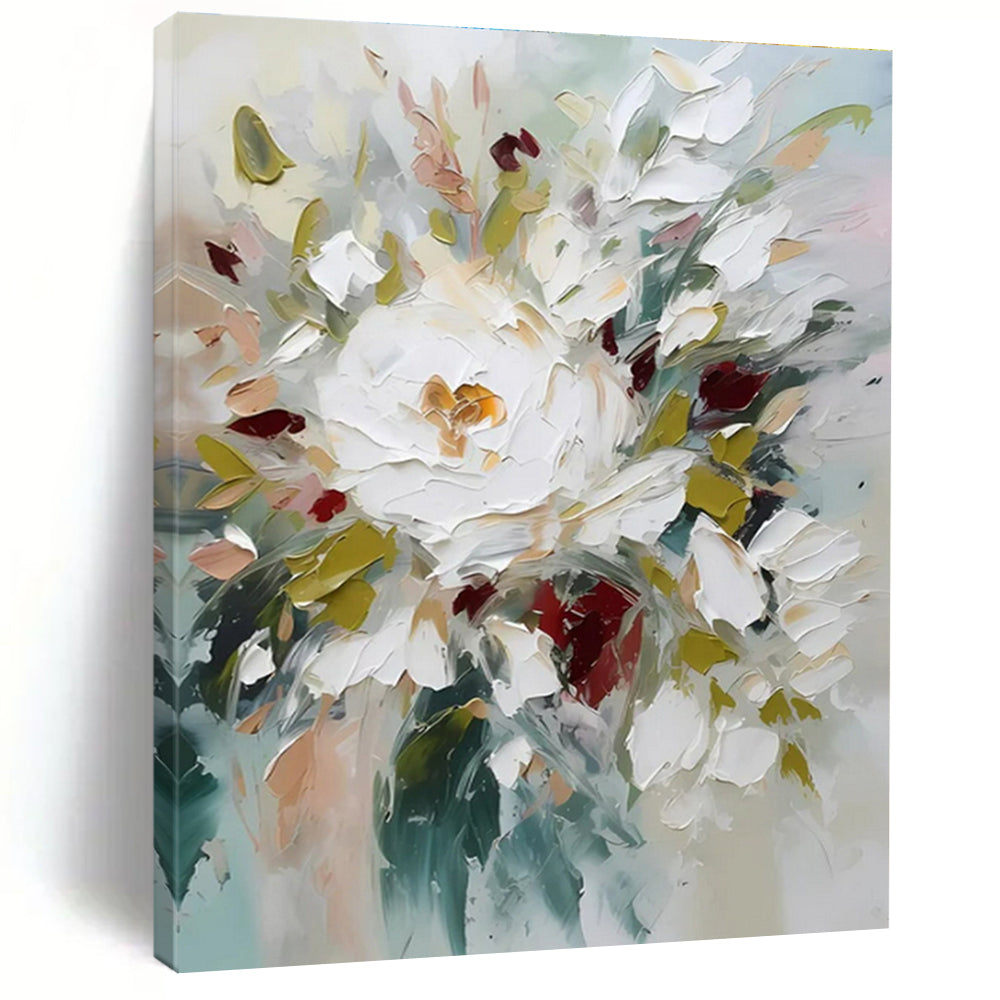 White, Red, and Green Abstract Floral Painting For Sale WS501
