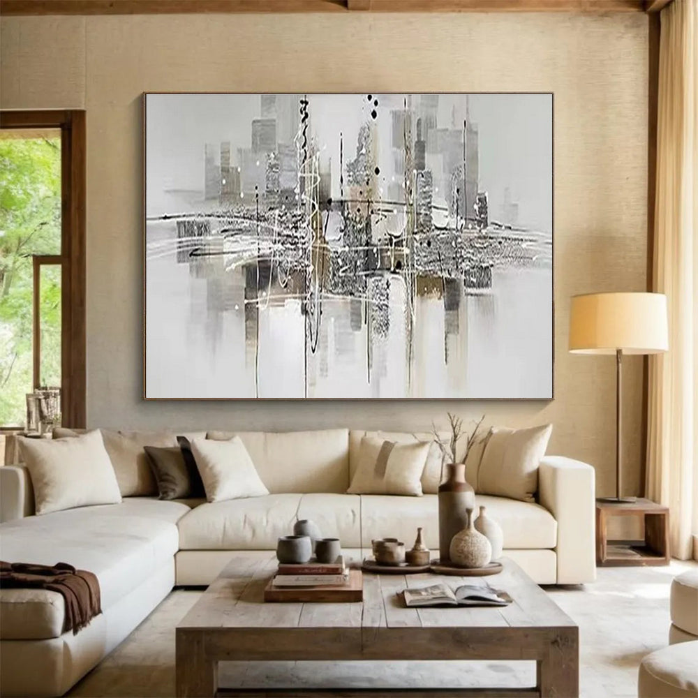 Contemporary Abstract Art: Monochromatic Cityscape Abstract Painting WB351