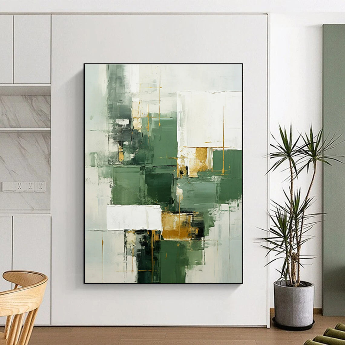 Unique Abstract Art Green, White, and Gold Geometric Abstract Painting On Canvas HS800