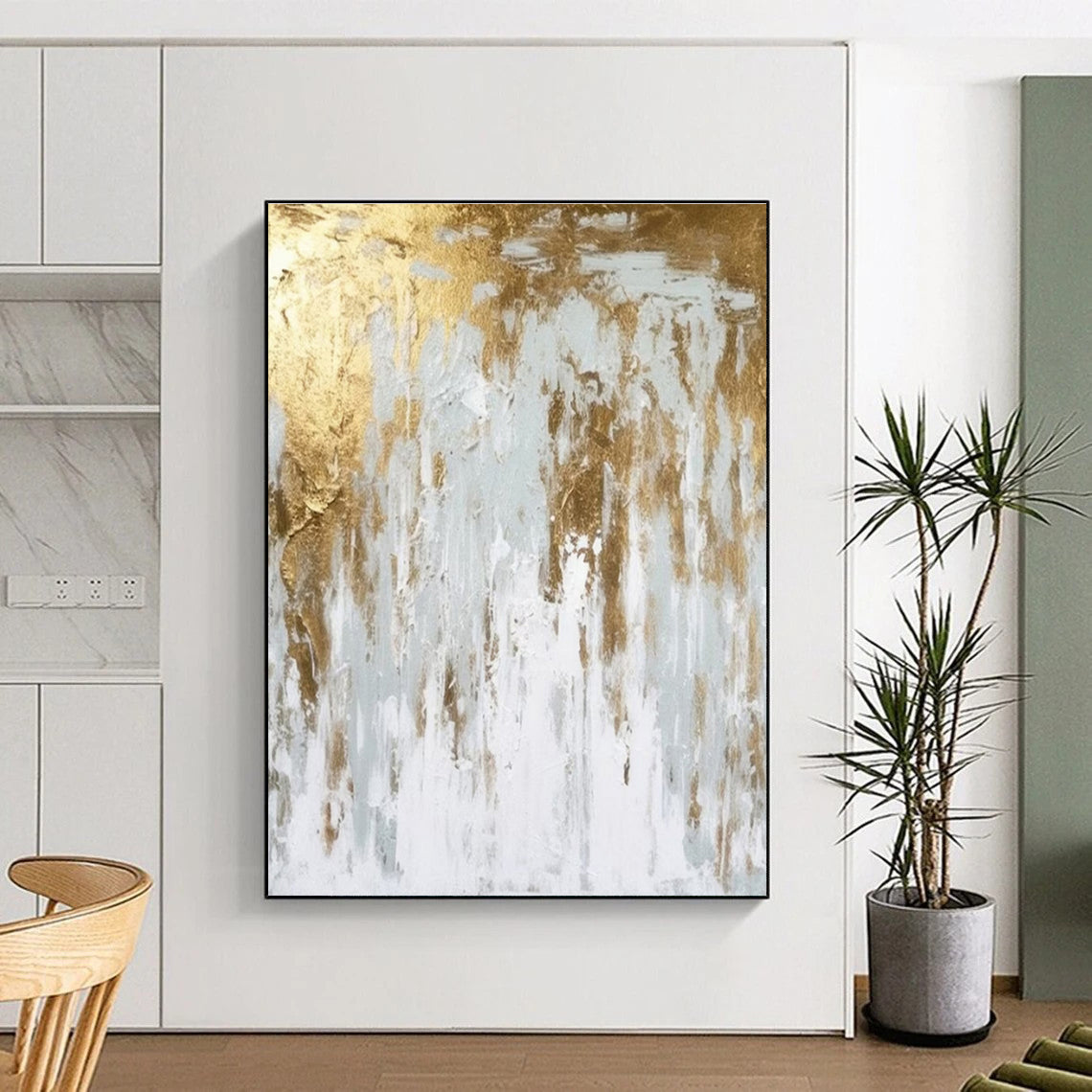 Handmade Art Gold, Gray, and White Textured Abstract Art HS666