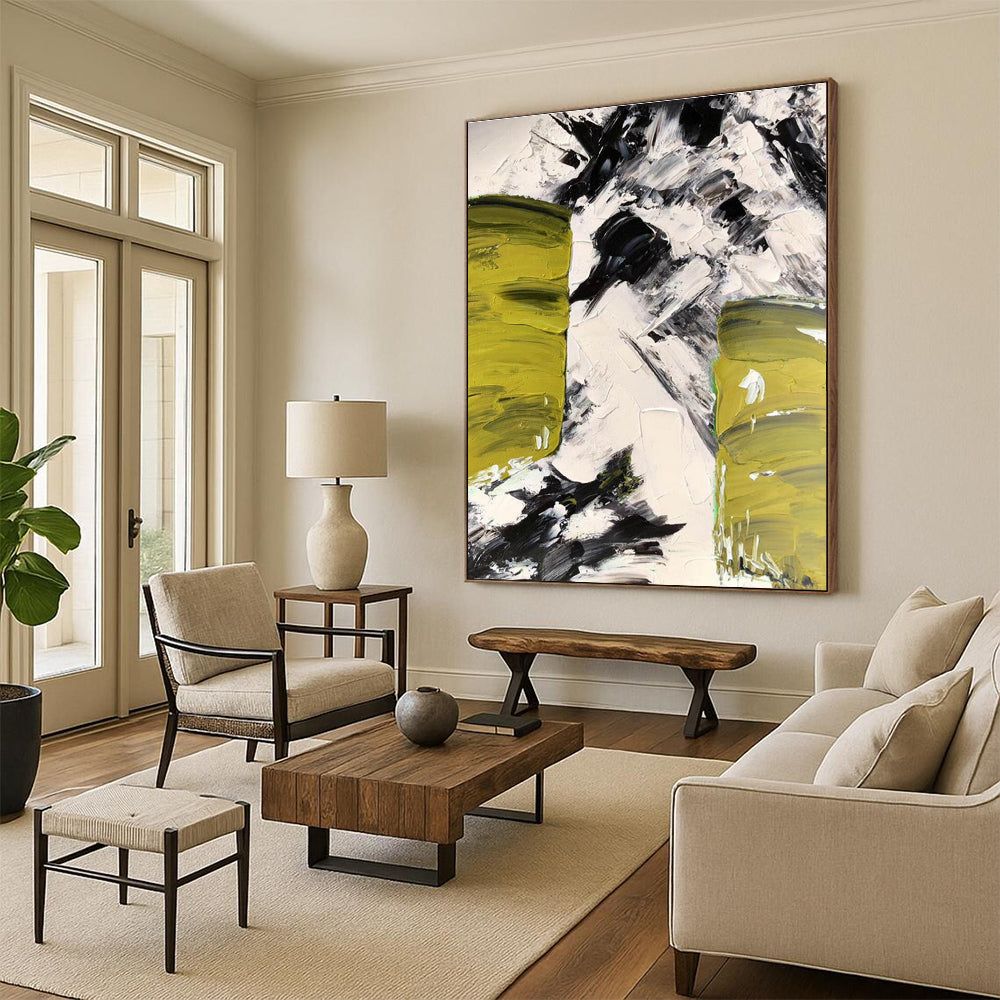 Big Painting Green, Black & White Textured Abstract Architectural Art HS395