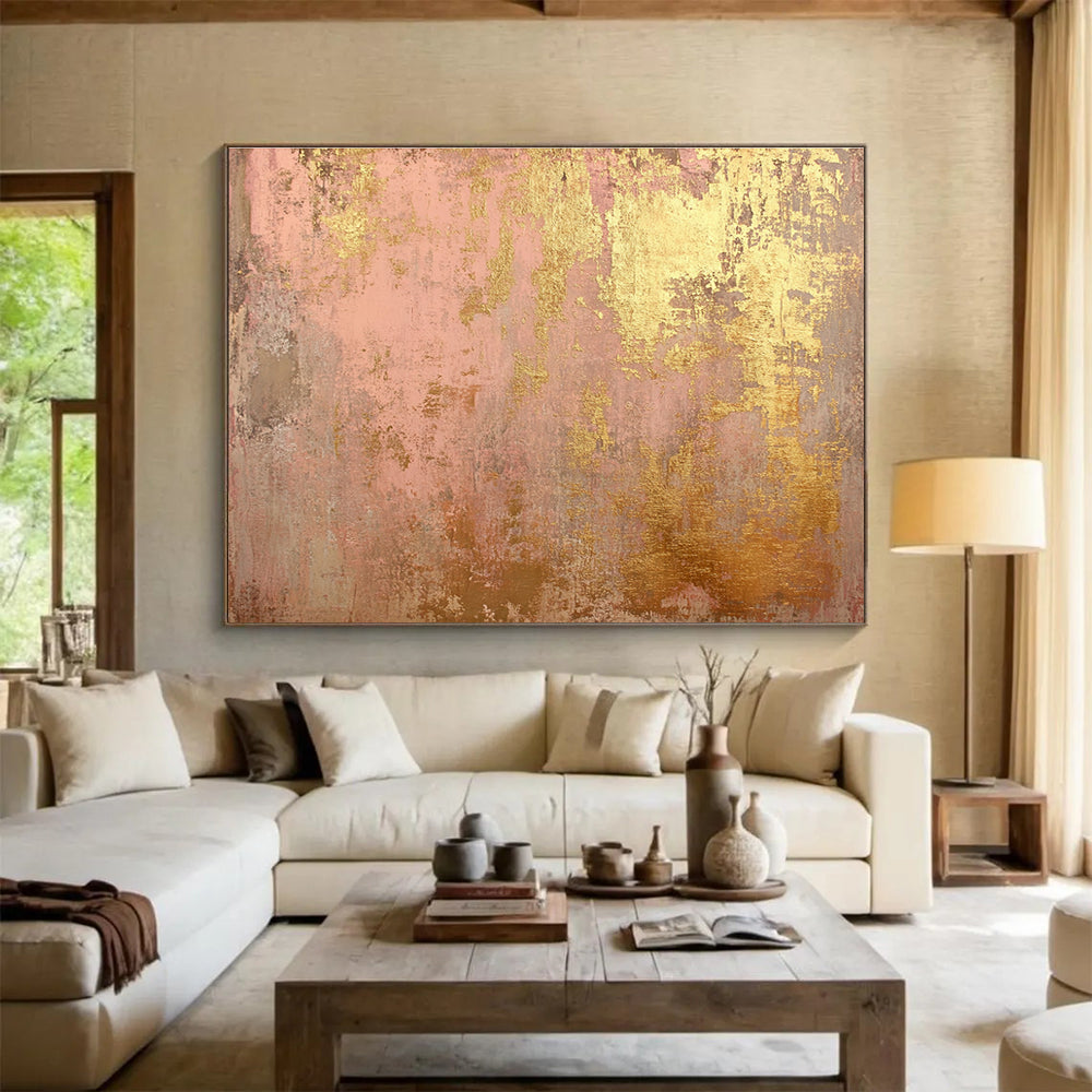 Oversized Canvas Art in Pink and Gold Textured Abstract Style WB245