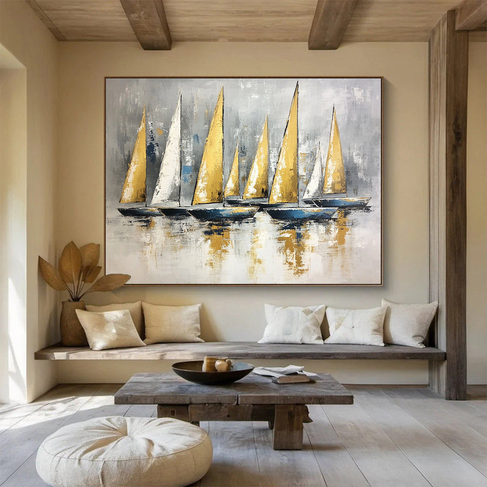 Contemporary Abstract Painting with Gray, Gold and Blue Colors, Sailboat Theme Art WB323