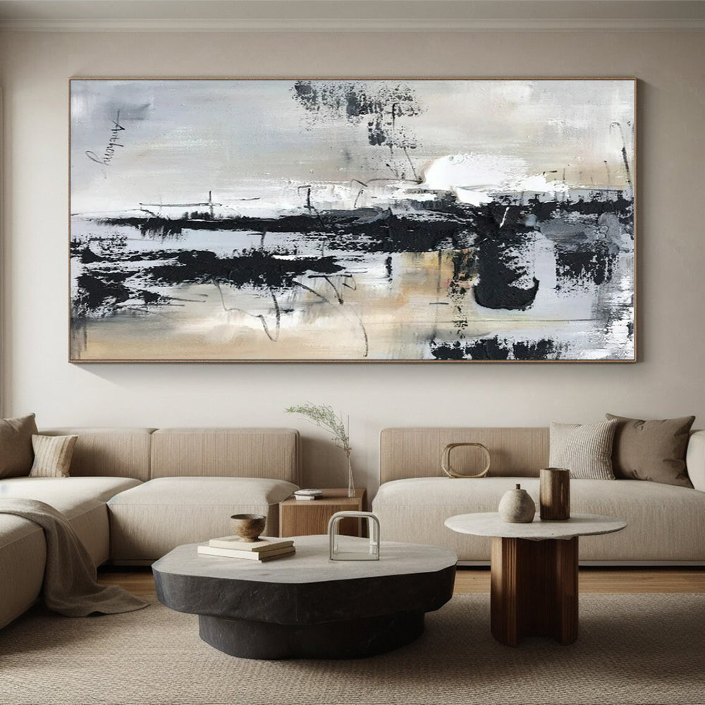 Large Contemporary Wall Art Black, White, and Neutral Textured Abstract HS587