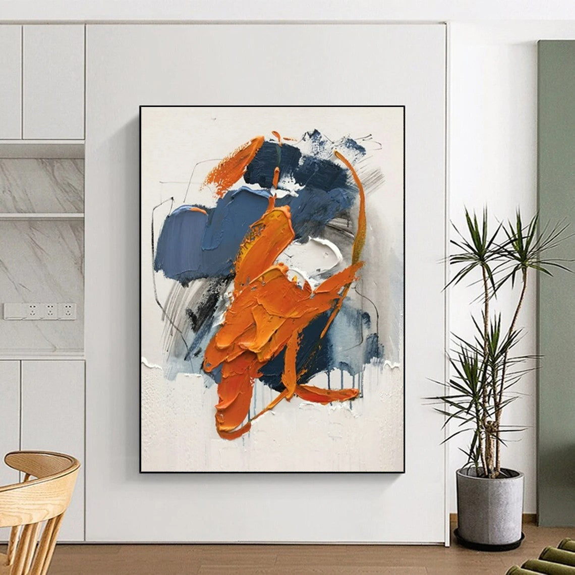 Hand Painted Art Large Size Acrylic Modern Art Paintings with Orange, Blue, Gray Dynamic Shapes - Oversized Abstract Wall Art HS523