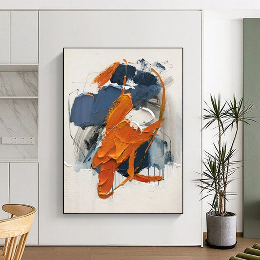 Hand Painted Art Large Size Acrylic Modern Art Paintings with Orange, Blue, Gray Dynamic Shapes - Oversized Abstract Wall Art HS523