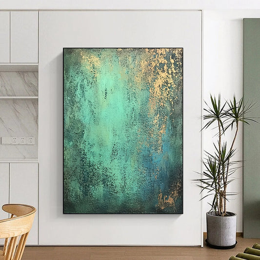 Modern Art Acrylic Teal and Gold Patina Abstract Painting HS178