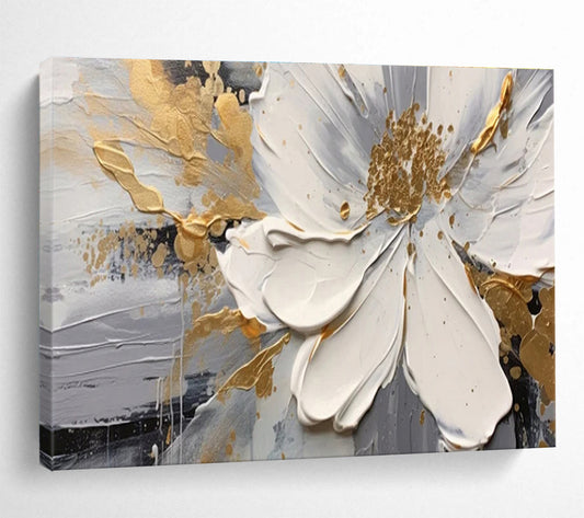 White, Gray, Gold Abstract Floral Art For Sale WB394