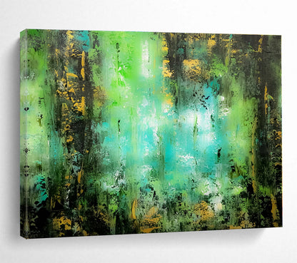 Horizontal Green and Turquoise Abstract Forest Scene, Abstract Acrylic Painting WB161