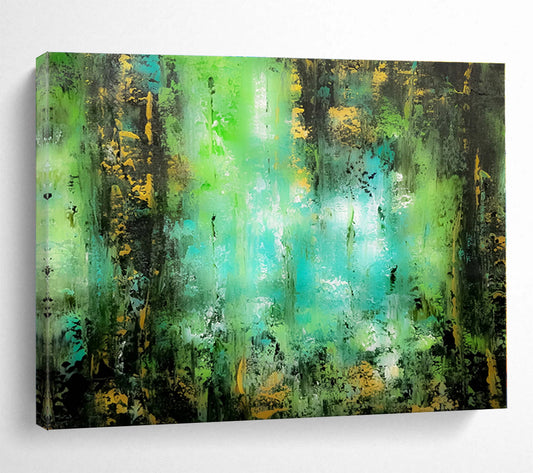 Horizontal Green and Turquoise Abstract Forest Scene, Abstract Acrylic Painting WB161