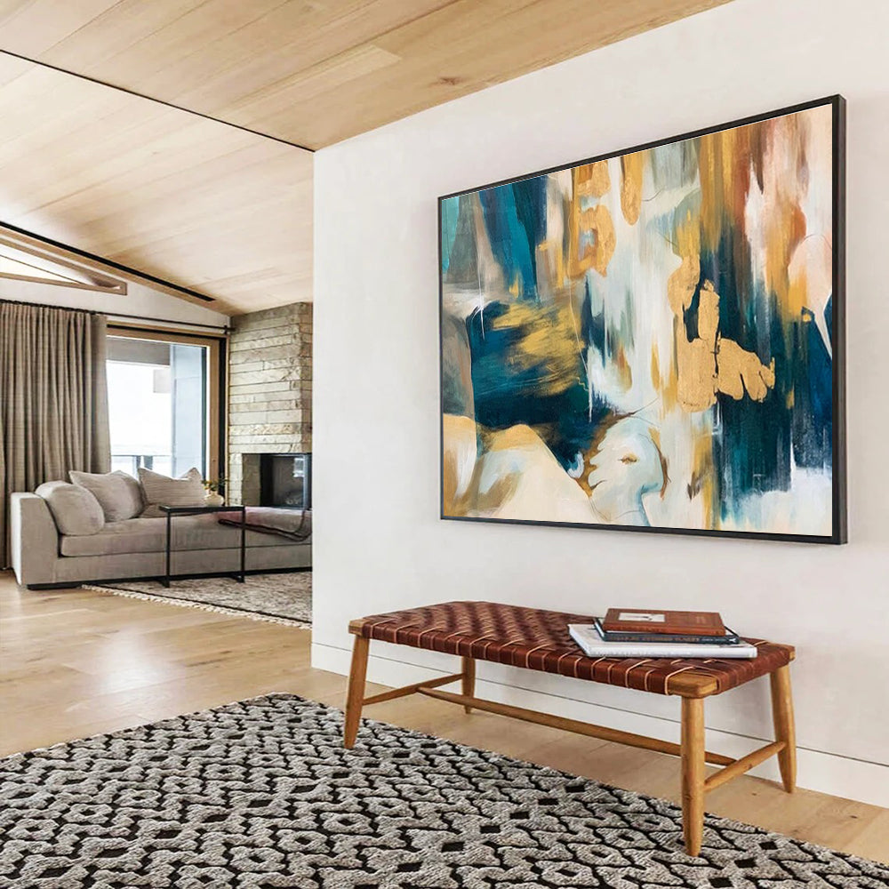 Teal, Gold, White Abstract Figurative-Inspired Art For Sale WB380