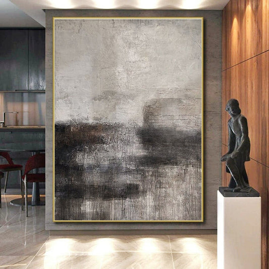 Large Contemporary Wall Art Gray and Black Textured Abstract Landscape HS625