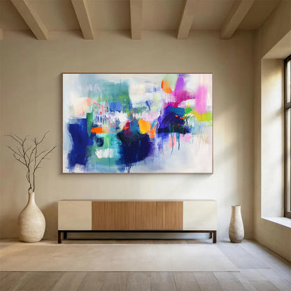 Contemporary Abstract Painting with Bright Colors like Pink, Orange, Blue, Green, Abstract Energetic Theme WB314