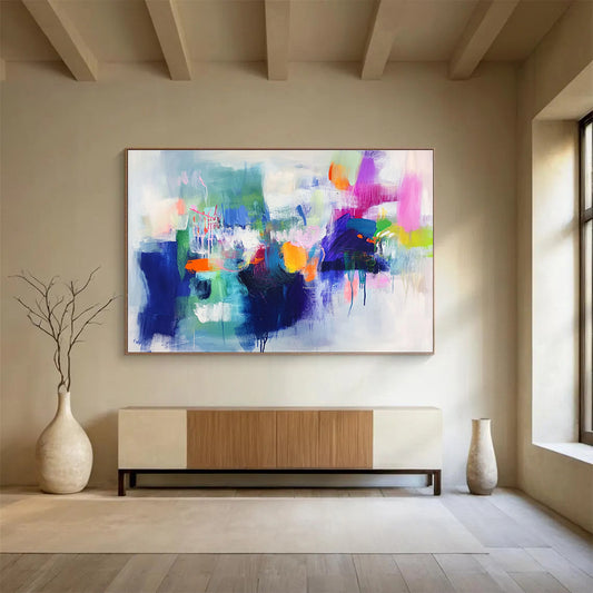 Contemporary Abstract Painting with Bright Colors like Pink, Orange, Blue, Green, Abstract Energetic Theme WB314
