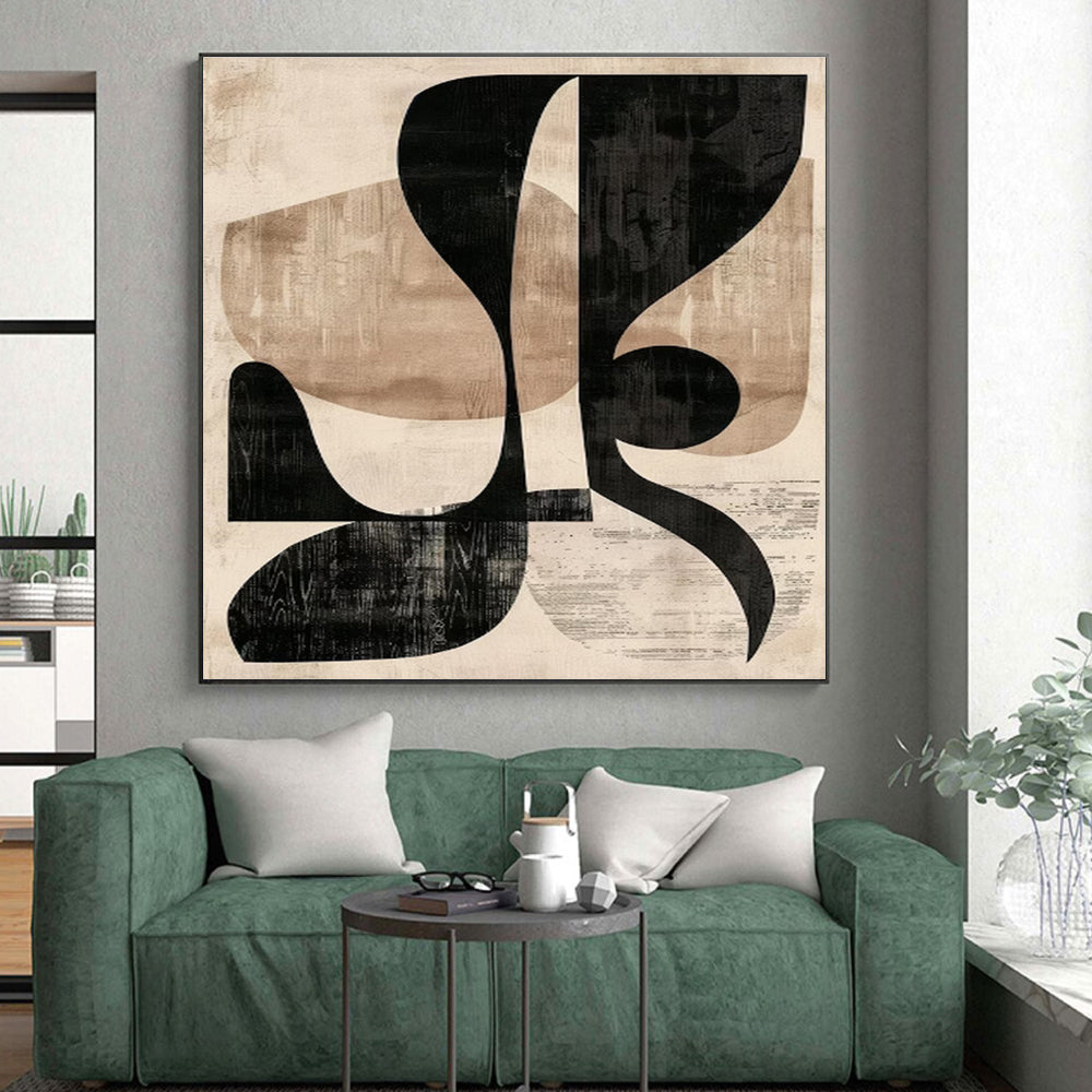 Unique Abstract Art Black & Beige Geometric Abstract, Large Contemporary Wall Art HS433