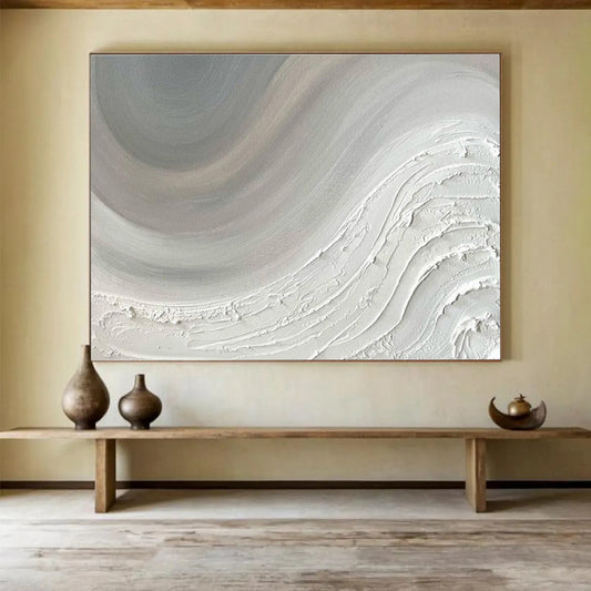 Modern Art Abstract Paintings: Monochromatic White Textured Wave Abstract Painting WB343