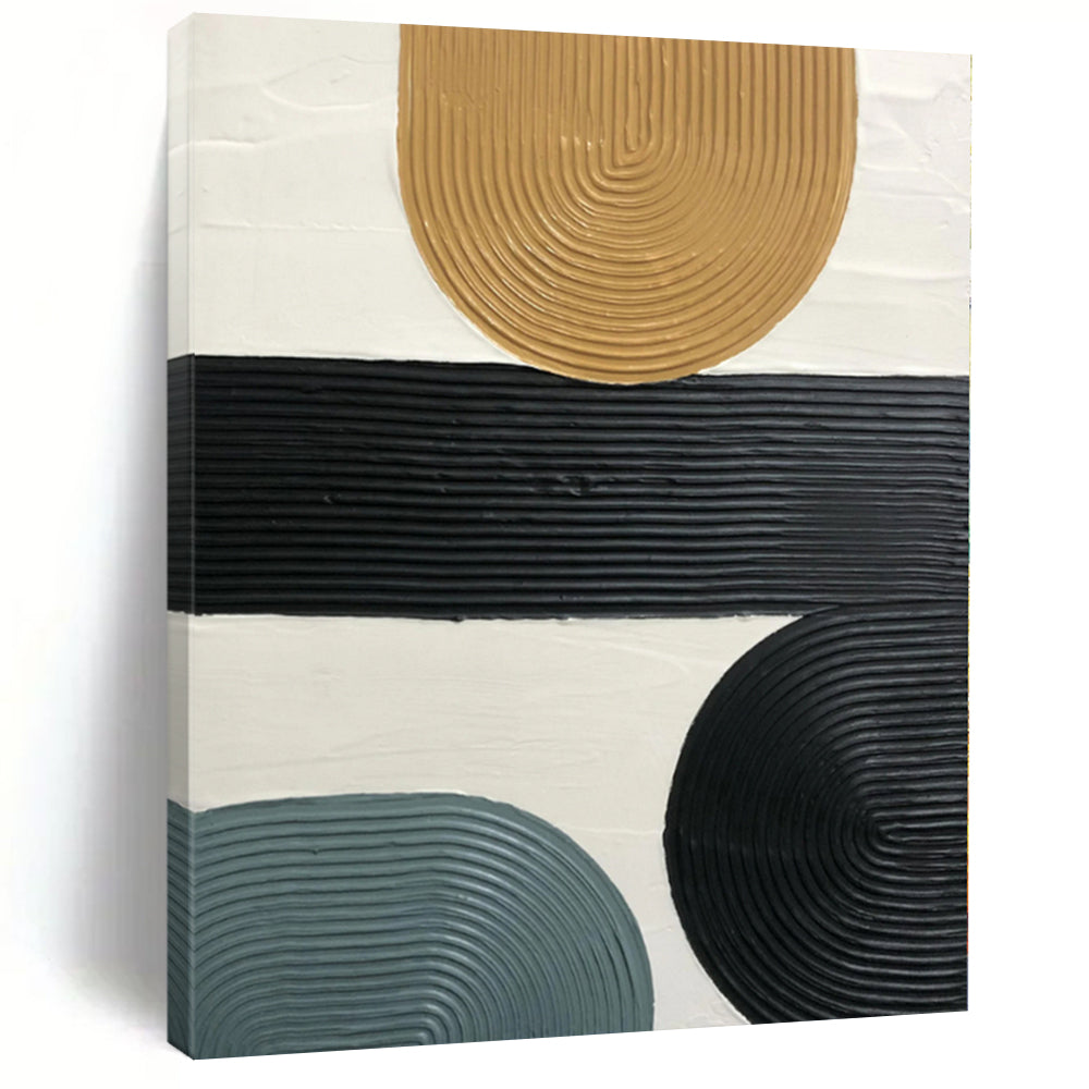 Hand-Painted Beige, Black, Gray, and White Abstract Curved Line Textured Painting For Sale HS037