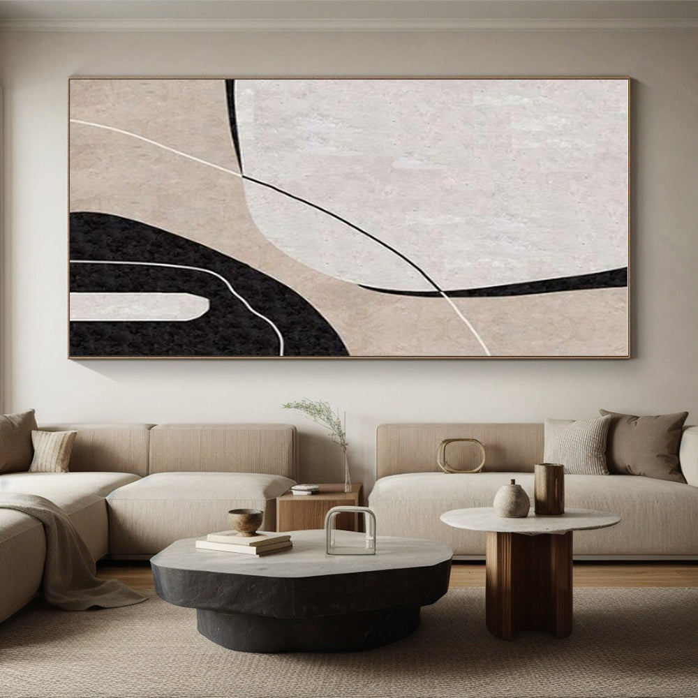 Minimalist Canvas Art Black, Beige, and White Organic Abstract Art HS681