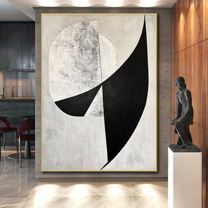 Hand-Painted Black, White, and Gray Geometric Textured Abstract Art HS189
