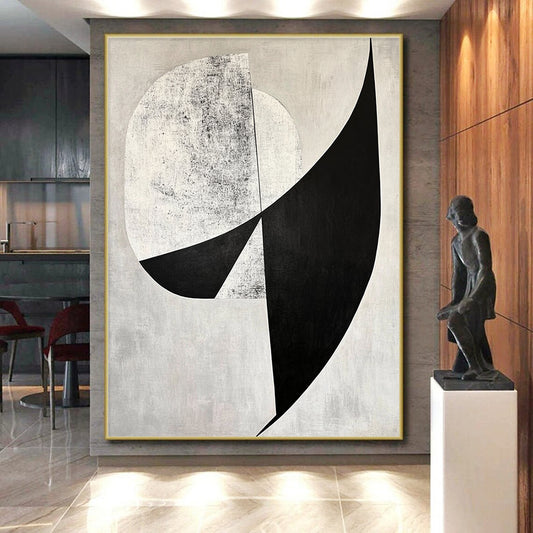 Hand-Painted Black, White, and Gray Geometric Textured Abstract Art HS189