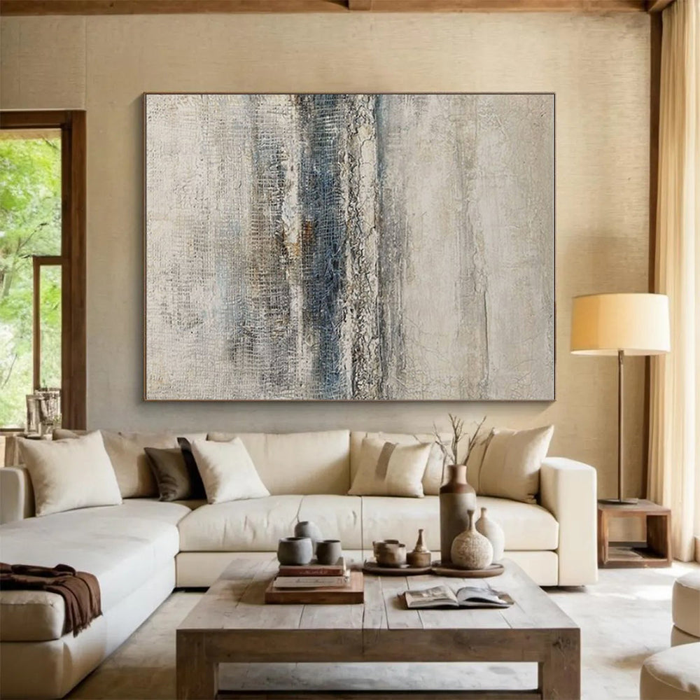 Hand Painted Art Beige, Gray, and Blue Textured Abstract Landscape HS627