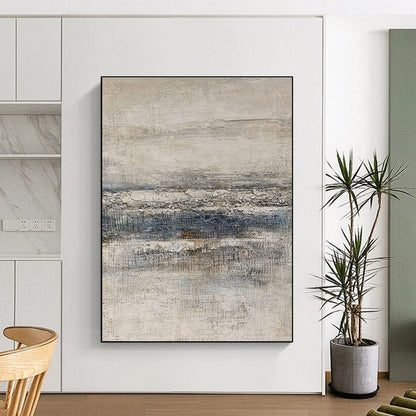 Beige, Gray, and Blue Textured Abstract Seaside Painting For Sale Online WS488