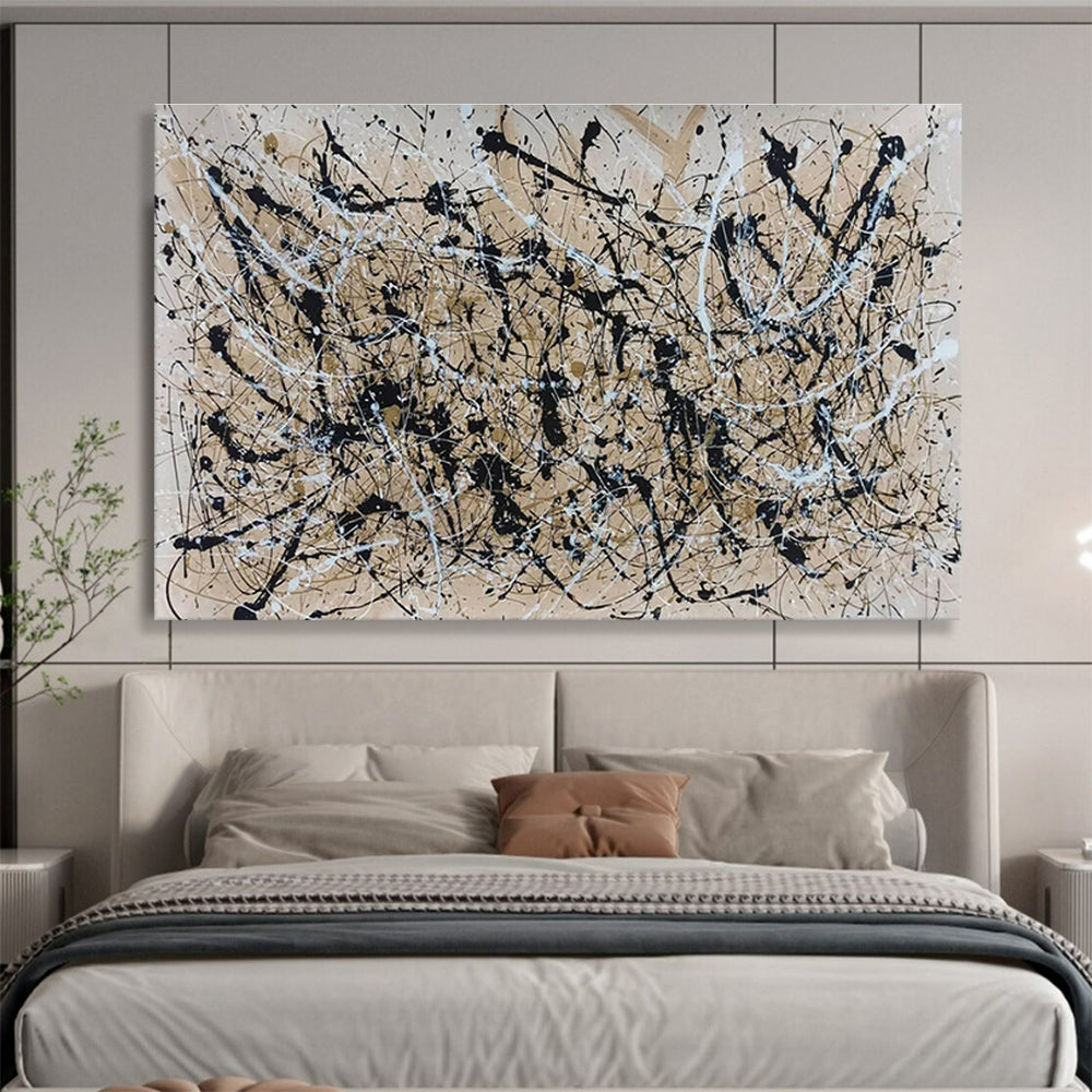 Acrylic Modern Art Paintings: Black Beige and White Splatter Abstract Painting WB364