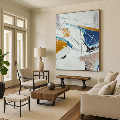 Big Painting Blue, Gold & White Gestural Abstract, Acrylic Modern Art Painting HS219